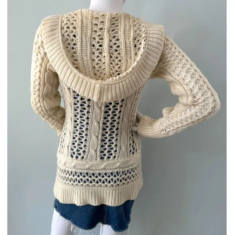 Vintage Cream Crochet Knit Cardigan Sweater Boho Chunky Button Front size Small
